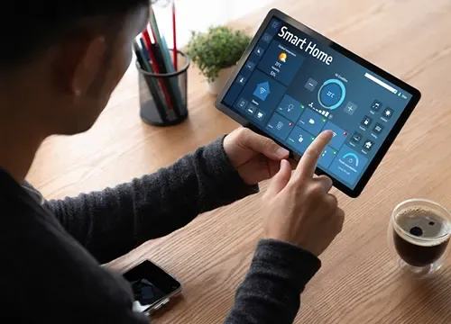 Control panel managing smart lighting and climate systems in a smart home.